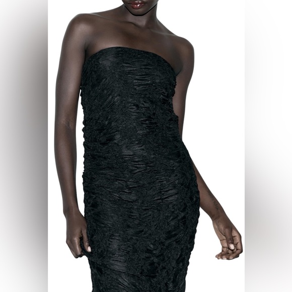 ZARA NWT Woman Black Strapless Printed Lace Fitted MIDI Tube Bodycon Dress - Picture 3 of 11